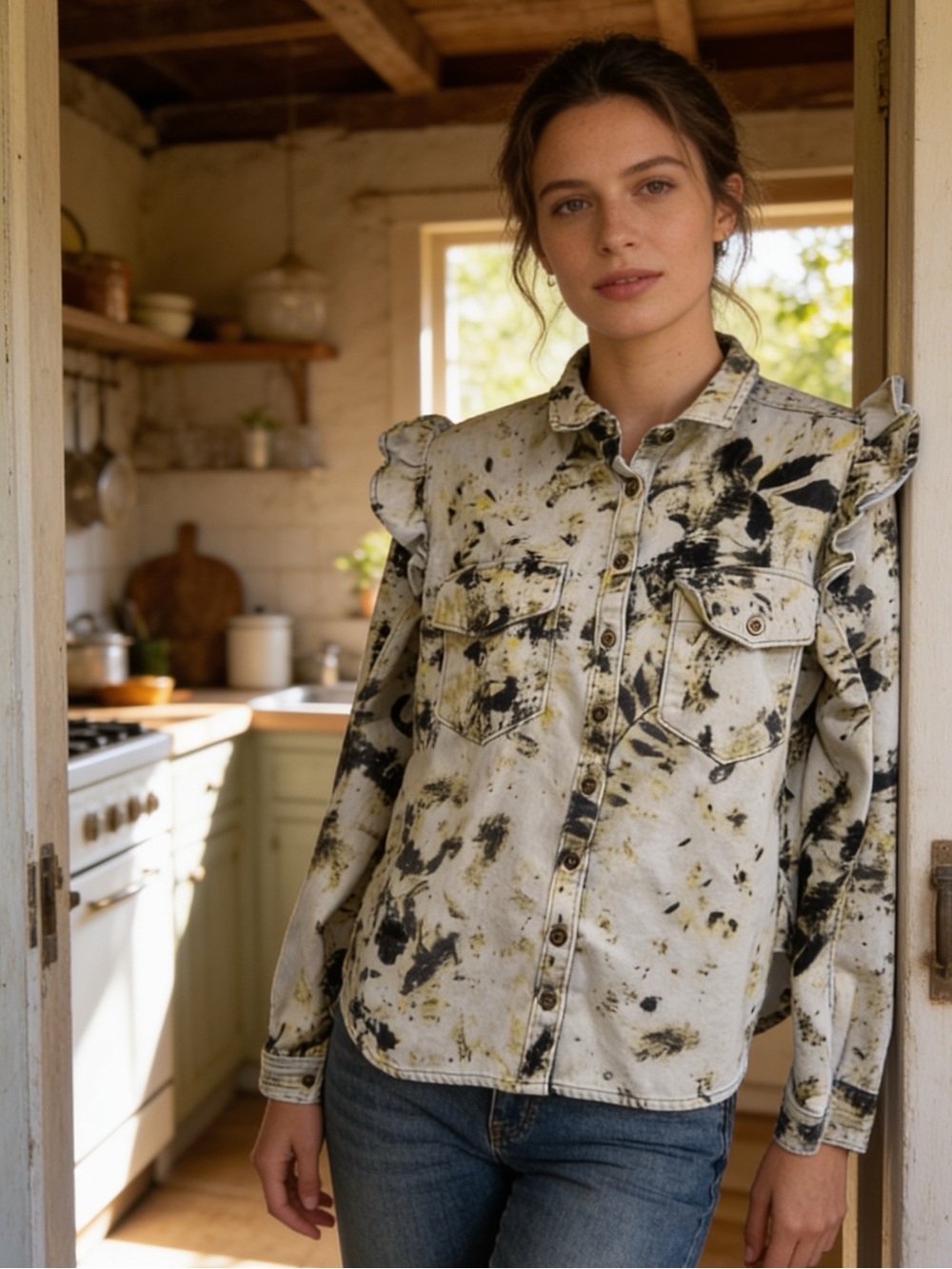 Pilcro Anthropologie Abstract Ruffle Shoulder Button Cotton Shirt Boho Western S